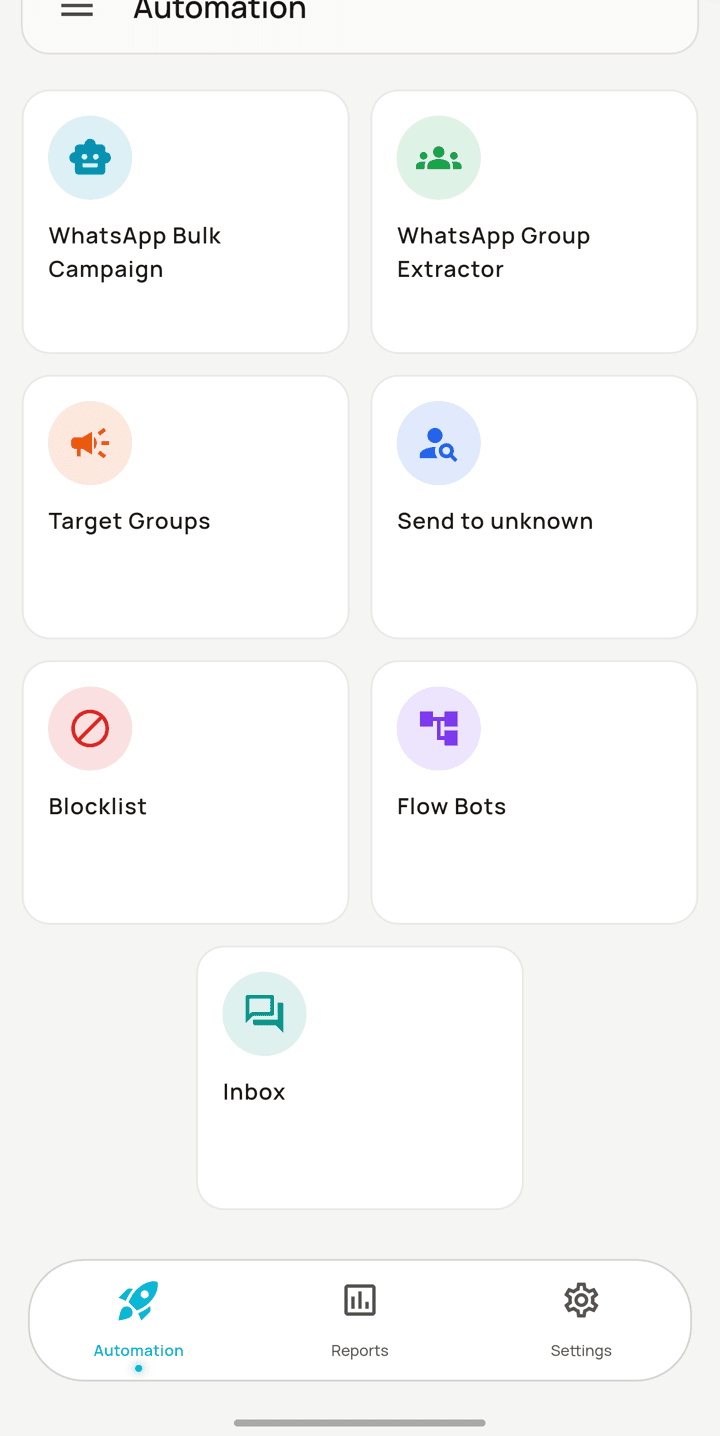 The Automation tab — every job the app can run, one card each