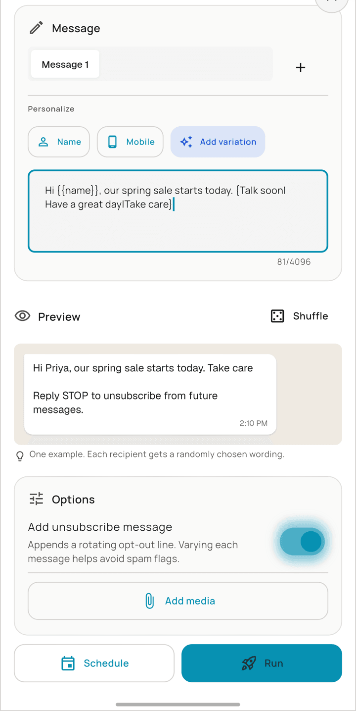 The message editor, with the placeholder buttons above it