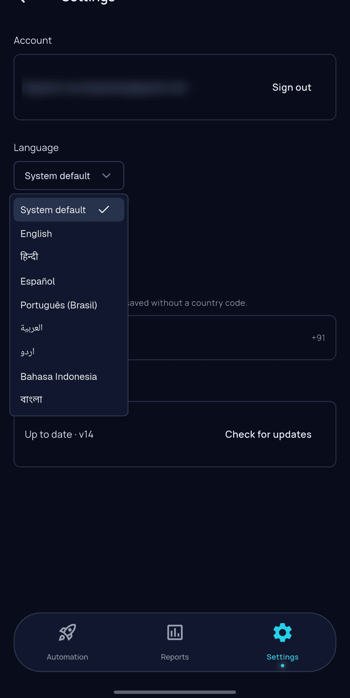 Choosing the language the app is shown in