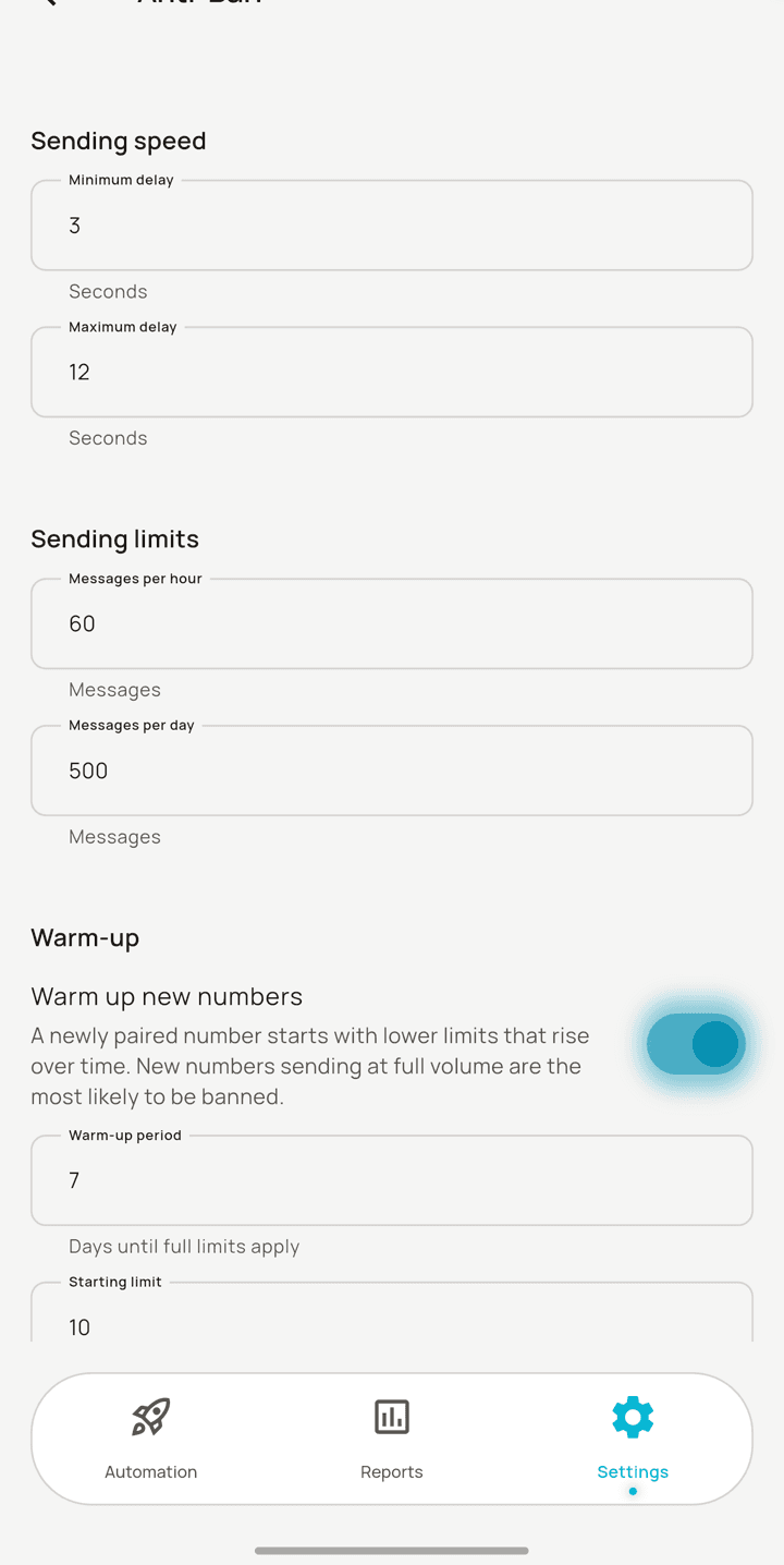 Anti-ban settings: delays, batch size and rest periods