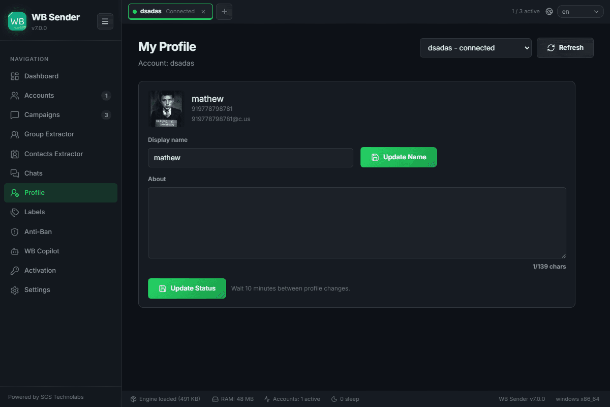 Profile settings UI